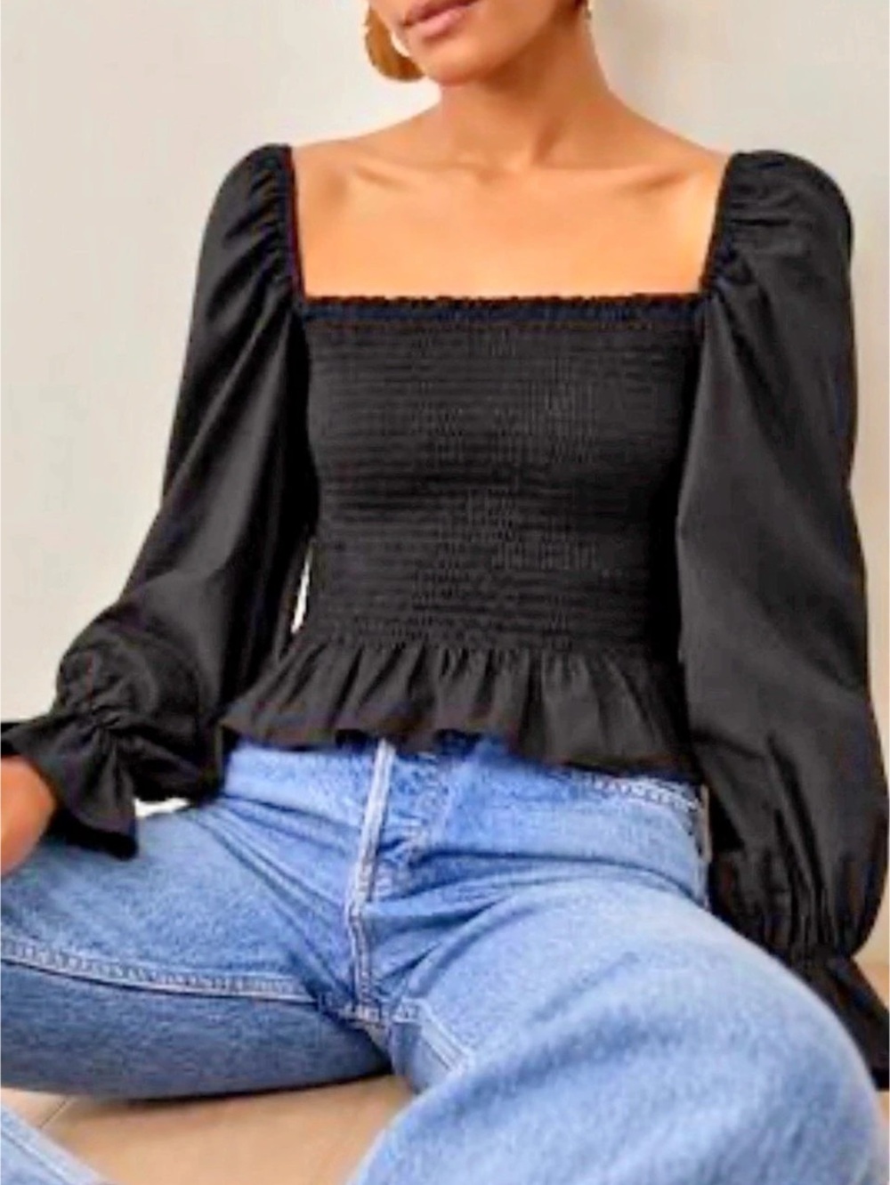 Reformation 100% Linen Black Smocked Long Sleeve Blouse Size Small Like New